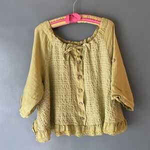 Lin Boheme women's XXL 100% linen green lacy demure peasant button blouse